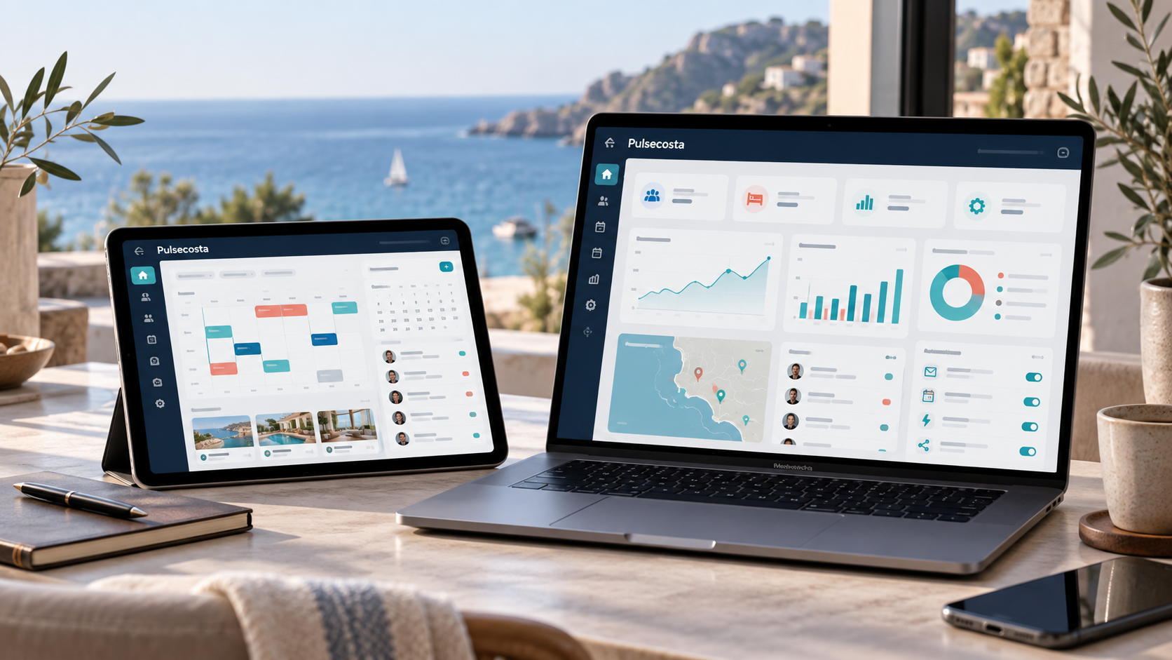 Mockup de Suite Pulsecosta con paneles de CRM, reservas, analítica y operaciones