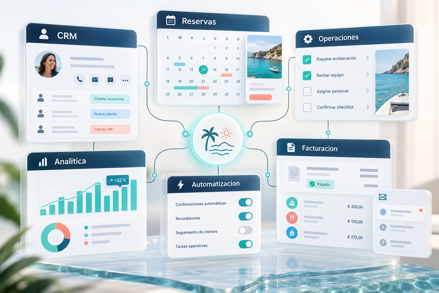 Visual de módulos conectados de Suite Pulsecosta para CRM, reservas, operaciones, facturación y analítica